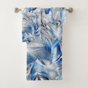 Conjunto De Toalhas Penas Azuis Prateadas Elegantes Modernas e Sofisti