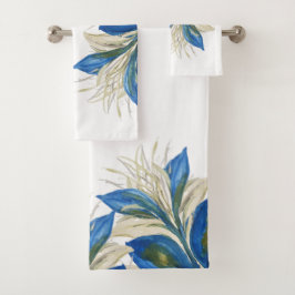Conjunto De Toalhas Penas de Pavão Azul Aquarela Pintado à Mão