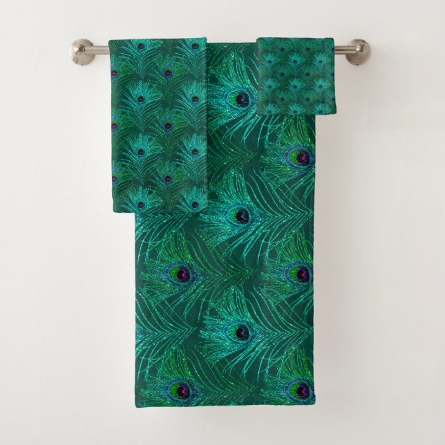 Conjunto De Toalhas Penas de Peacock Teal Padrão (Insitu)