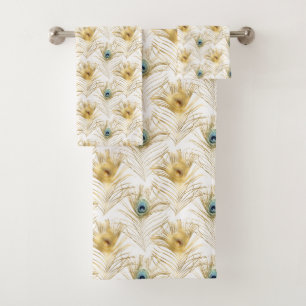 Conjunto De Toalhas Penas Douradas de Peacock na moda Verde