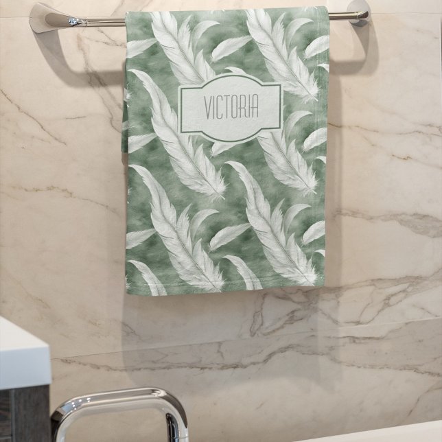 Conjunto De Toalhas Penas Verdes Delicadas Monograma Cinza (Criador carregado)