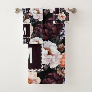 Conjunto De Toalhas Pêonias Escuras Padrão Floral   Monograma