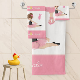 Conjunto De Toalhas Pequena Ballerina Balé Rosa Meninas Nome Banheiro