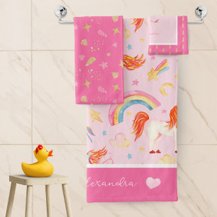 Conjunto De Toalhas Pequena Garota Rosa Pink Unicorn Padrão com Nome