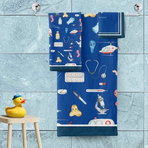 Conjunto De Toalhas Pequeno Médico Padrão com Nome, Azul
