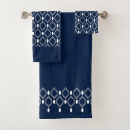 Conjunto De Toalhas Pérolas Art Deco Padrão Azul e Branco