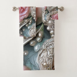 Conjunto De Toalhas Pérolas Vintage e Padrão de Rosas Rosa