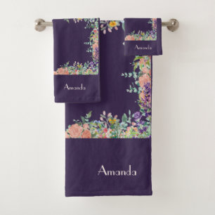 Conjunto De Toalhas Personalizar Borda Floral no Fundo Roxo