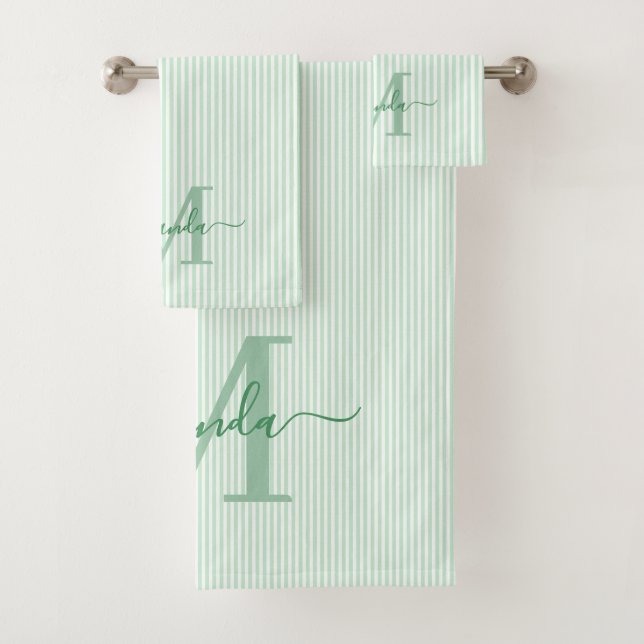 Conjunto De Toalhas Personalized Monogram Green & White Stripes (Insitu)