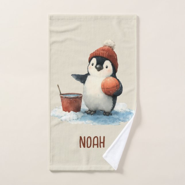 Conjunto De Toalhas Personalized Winter Penguin Basketball Kid Towel (Toalha de mão)