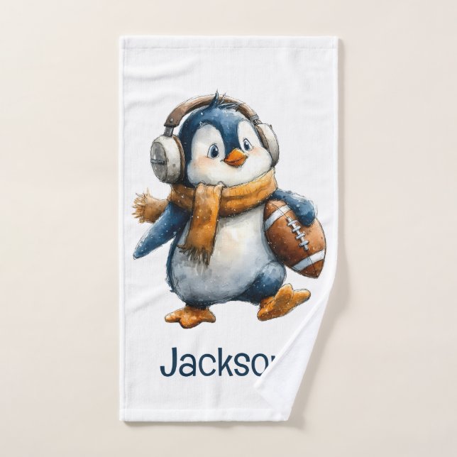 Conjunto De Toalhas Personalized Winter Penguin Football Kid (Toalha de mão)