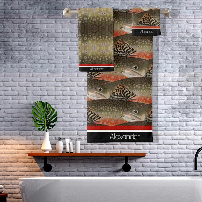 Conjunto De Toalhas Pescador Brook Trout Fish Design Black White Rust (Criador carregado)