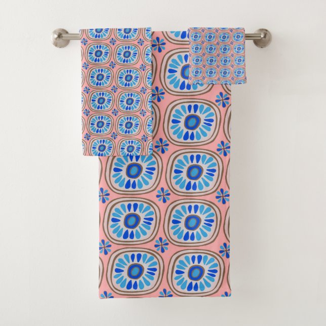 Conjunto De Toalhas Pêssego Azul Padrão do Azulejo de Margarida Retro  (Insitu)