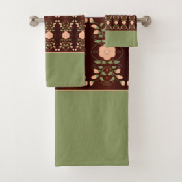 Conjunto De Toalhas Pêssego E Verde Com Castanho Escuro