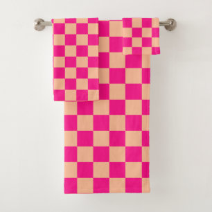 Conjunto De Toalhas Pêssego rosa-quente dos quadrados verificados retr