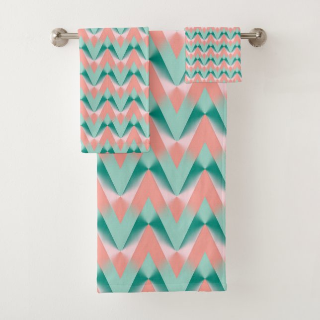 Conjunto De Toalhas Pêssego Rosa Yukka E Padrão ZigZag Verde (Insitu)