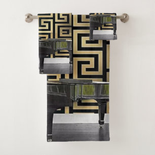 Conjunto De Toalhas Piano de Cauda com Borda de Chave Grega Dourada do