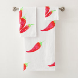 Conjunto De Toalhas Pimentos de Aquarela Pintados Pelas Mãos Vermelhas
