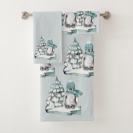 Conjunto De Toalhas Pinguim Aquarela Fofa Árvore de Pinheiro Neve Árti