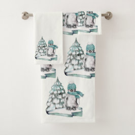 Conjunto De Toalhas Pinguim Aquarela Fofa Árvore de Pinheiro Neve Árti