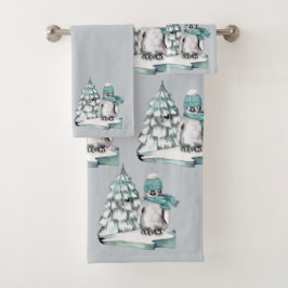 Conjunto De Toalhas Pinguim Aquarela Fofa Árvore de Pinheiro Neve Árti