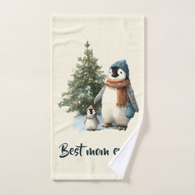 Conjunto De Toalhas Pinguim de Inverno Personalizado “Melhor Mãe de To (Toalha de mão)