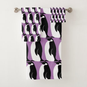 Conjunto De Toalhas Pinguim - Padrão Preto Roxo Branco