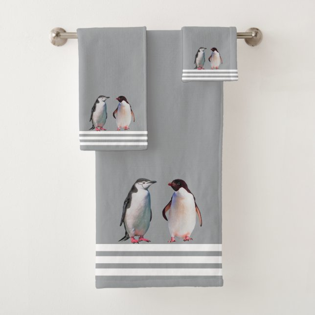 Conjunto De Toalhas Pinguins personalizados e três faixas nas Cinzas l (Insitu)