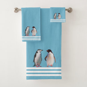 Conjunto De Toalhas Pinguins Personalizados & Três Listras em Azul Tur
