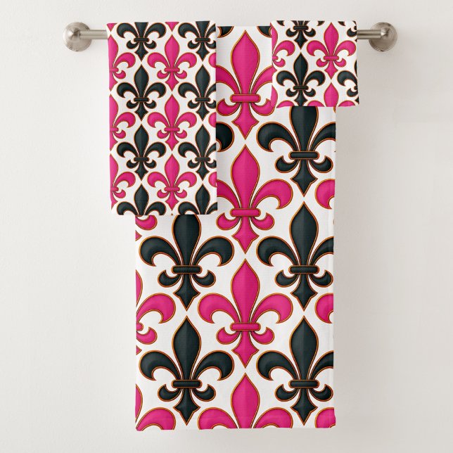 Conjunto De Toalhas Pink Black Baroque Fleur-de-lis Pattern Design  (Criador carregado)