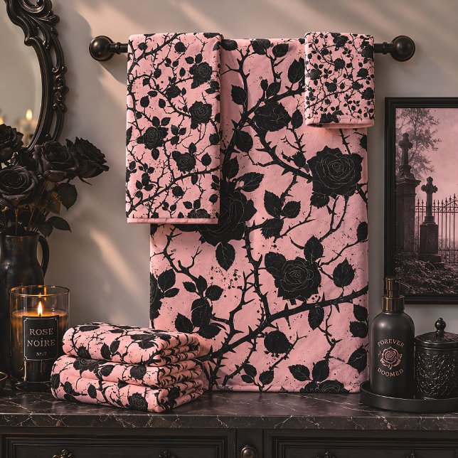 Conjunto De Toalhas Pink & Black Cemetery Roses Gótico (Criador carregado)