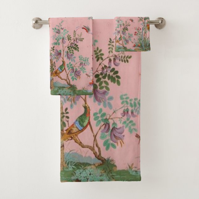 Conjunto De Toalhas Pink Chinoiserie Bird Floral Elegant (Insitu)