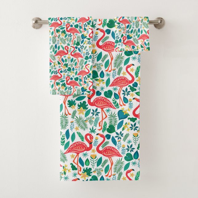 Conjunto De Toalhas Pink Flamingos and Tropical Flowers Pattern (Insitu)
