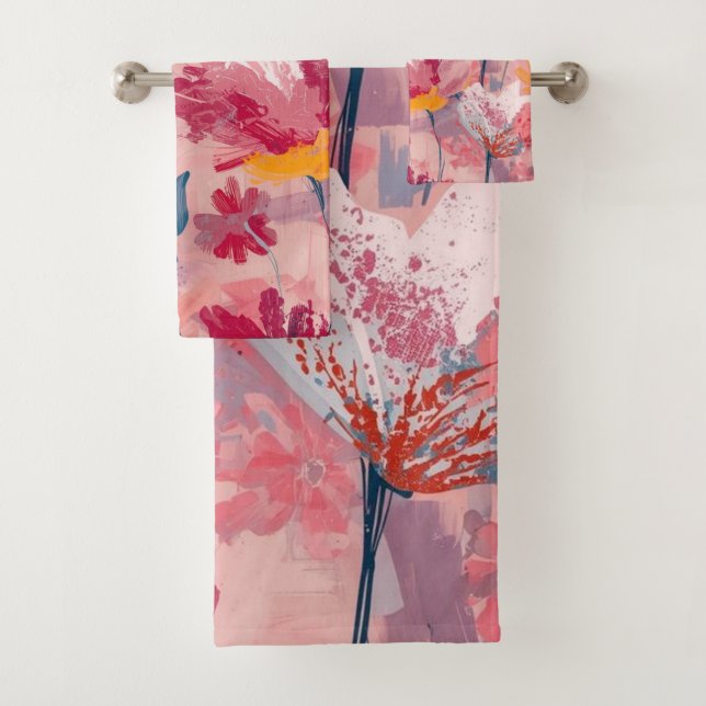 Conjunto De Toalhas Pink Flowers Painted Brushtrokes Botanical Pattern (Insitu)