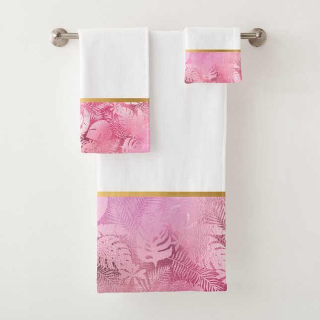 CONJUNTO DE TOALHAS PINK HAWAIIAN TROPICAL DOURADO BANTHROOM TOWEL SET (Insitu)