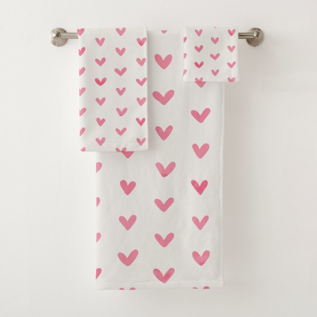 Conjunto De Toalhas Pink Rose Love Hearts Pattern on Offwhite (Insitu)