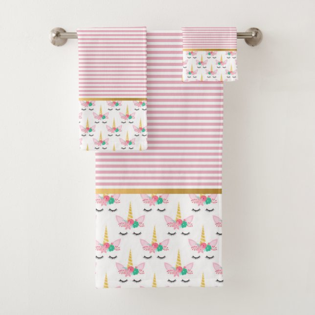 CONJUNTO DE TOALHAS PINK STRIPE UNICORN DOURADO BANTHROOM TOWET (Insitu)