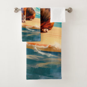 Conjunto De Toalhas Pintura de Basset Hound Surfando na Praia