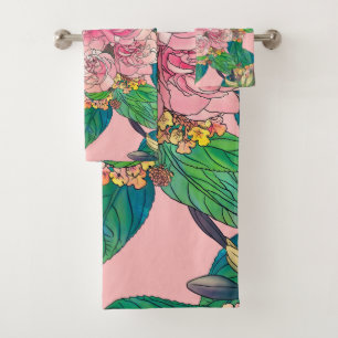 Conjunto De Toalhas Pintura De Mão Floral De Cor D'Água Rosa