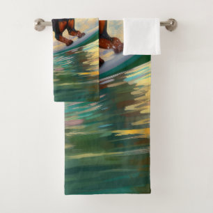 Conjunto De Toalhas Pintura de surfe na praia do Doberman
