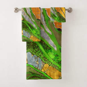 Conjunto De Toalhas pintura por abstrato, listras, ouro, prata, verde