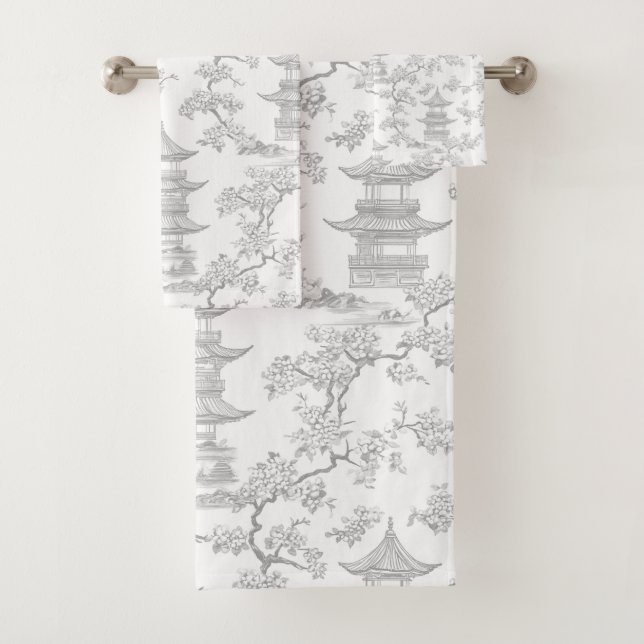 Conjunto De Toalhas PixDezine Pagodes de Grey Chinoiserie Flores de Ce (Insitu)
