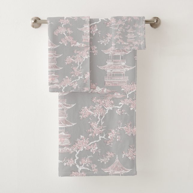 Conjunto De Toalhas PixDezine Pagodes de Grey Chinoiserie Flores de Ce (Insitu)