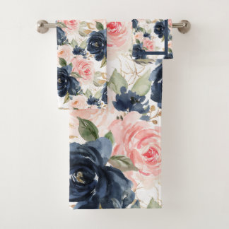 Conjunto De Toalhas PixDezines H2 Azul Marinho Rosa Bege Rosas