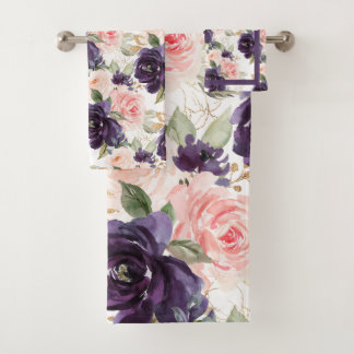 Conjunto De Toalhas PixDezines H2 Berinjela e Rosas Rosa Clare