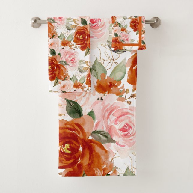 Conjunto De Toalhas PixDezines H2 Ferrugem Laranja e Rosas Rosa Desbot (Insitu)