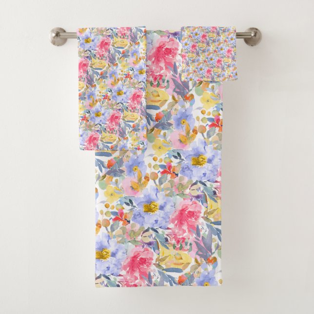 Conjunto De Toalhas PixDezines H2 Flores de Verão Roxo+Rosa (Insitu)