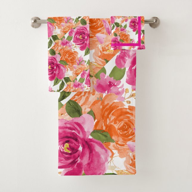 Conjunto De Toalhas PixDezines H2 Flores Laranja Rosas Rosa Quente   (Insitu)