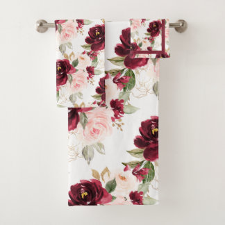 Conjunto De Toalhas PixDezines H2 Flores Rosas Bege Burgundy