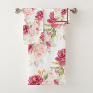 Conjunto De Toalhas PixDezines H2 Flores Rosas Bege Raspberry